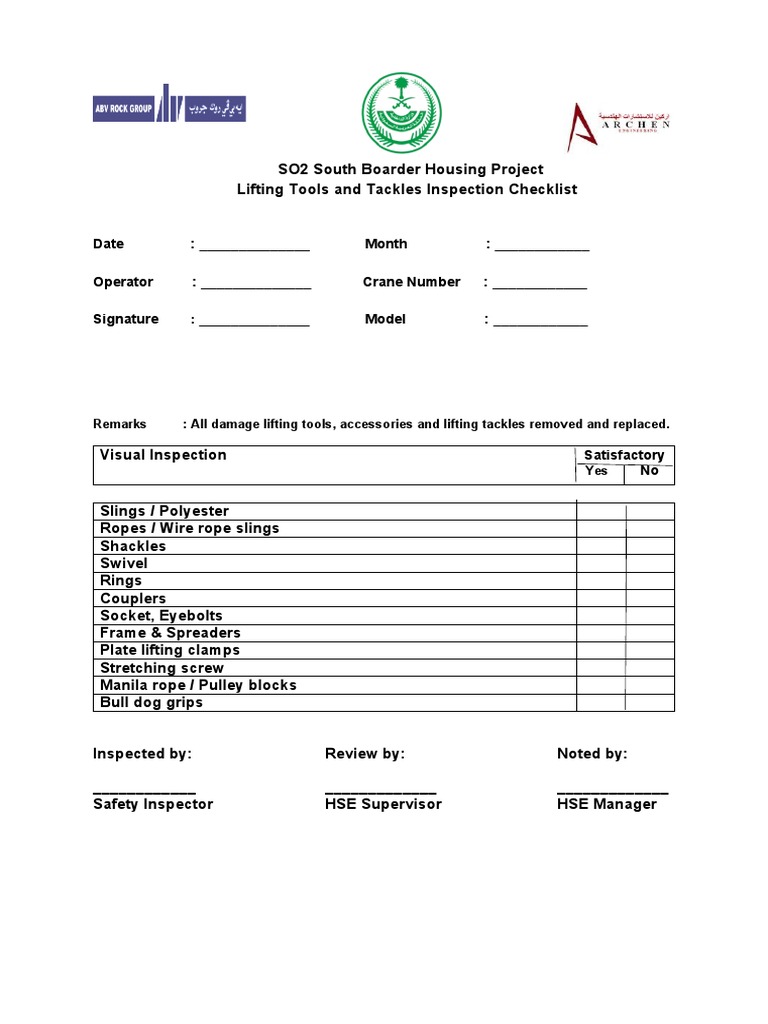 Lifting Tools & Tackles Inspection Checklist Forms PDF