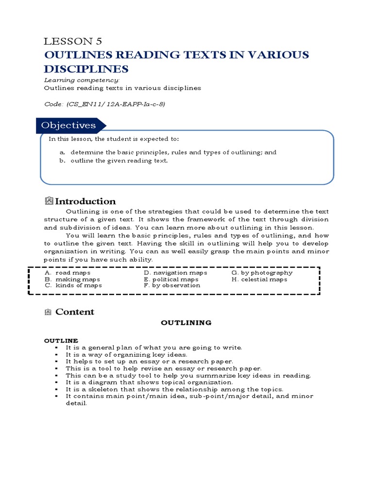 Lesson 5 outlines reading texts in various disciplines pdf
