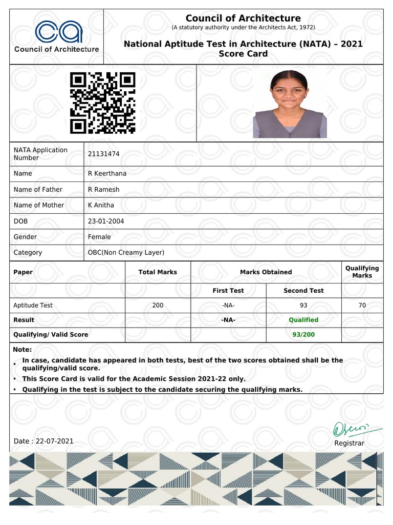 National Aptitude Test in Architecture (NATA) 2021 Score Card PDF