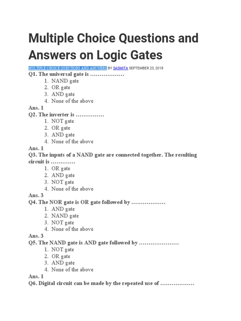 Logic Gates MCQS Type Q/A PDF Logic Gate Electronic Engineering