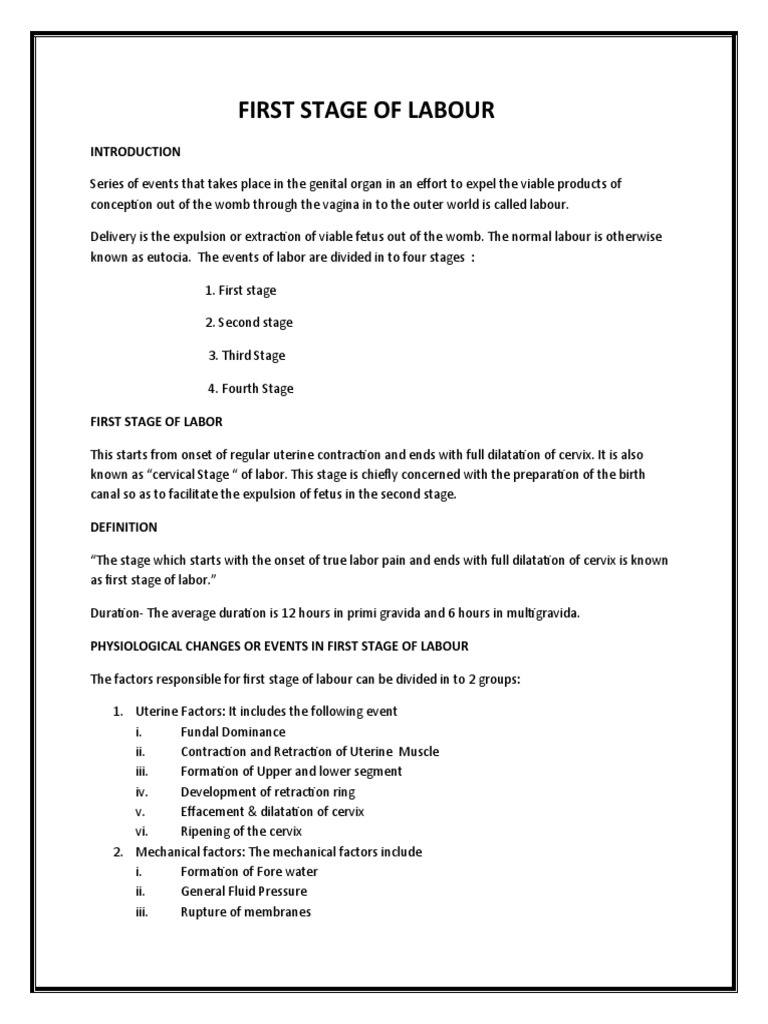 Physiology And Management Of 1st Stage Of Labour Pdf Childbirth Uterus