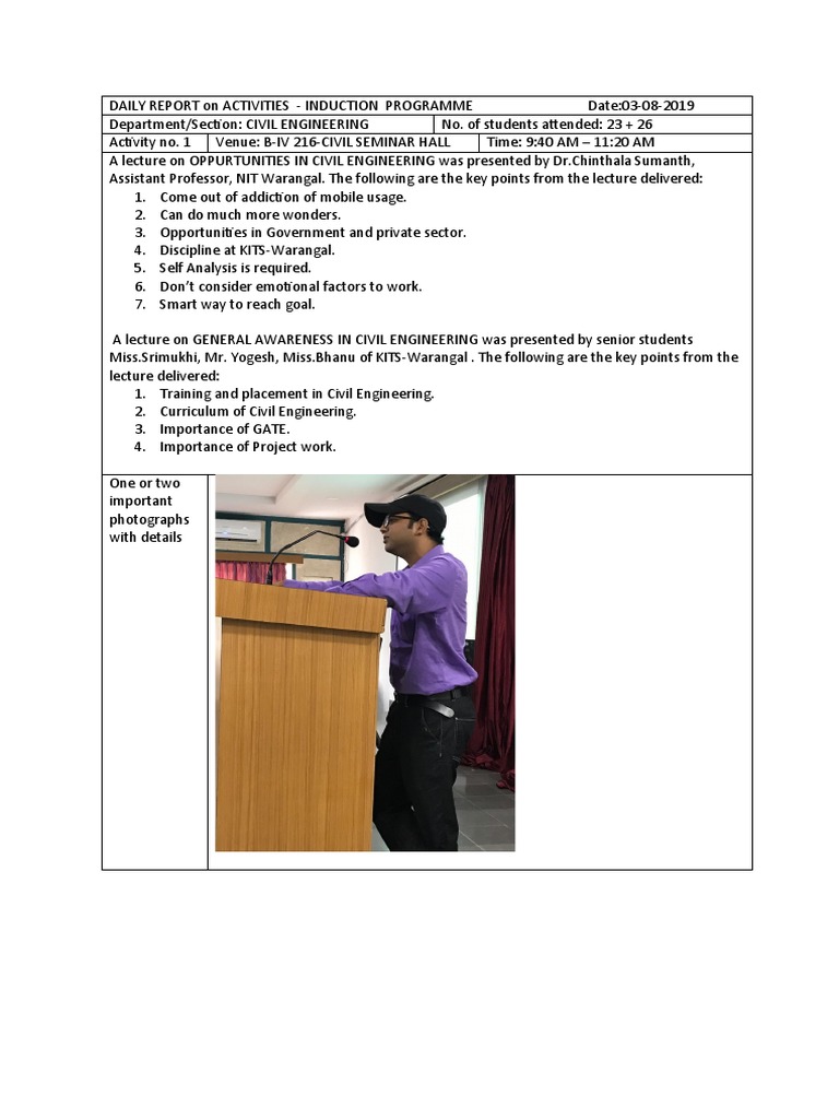 DAILY REPORT On ACTIVITIES - INDUCTION PROGRAMME - CED - 03.08.19 | PDF