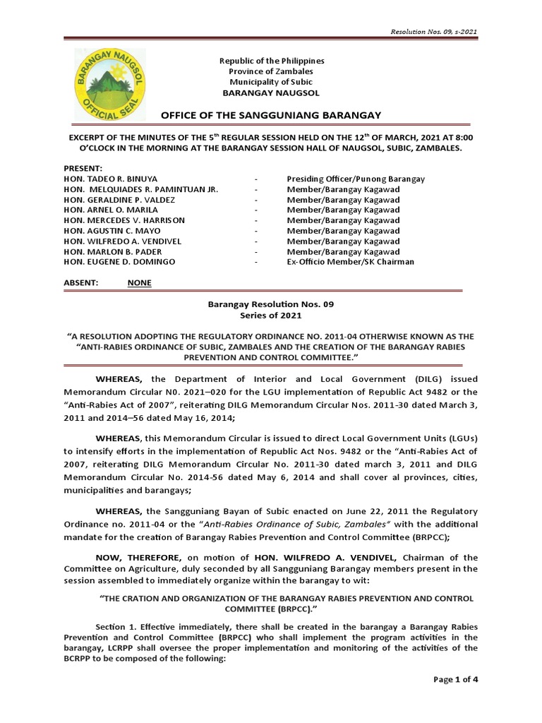 Anti-Rabies Ordinance and BRPCC Creation | PDF | Rabies