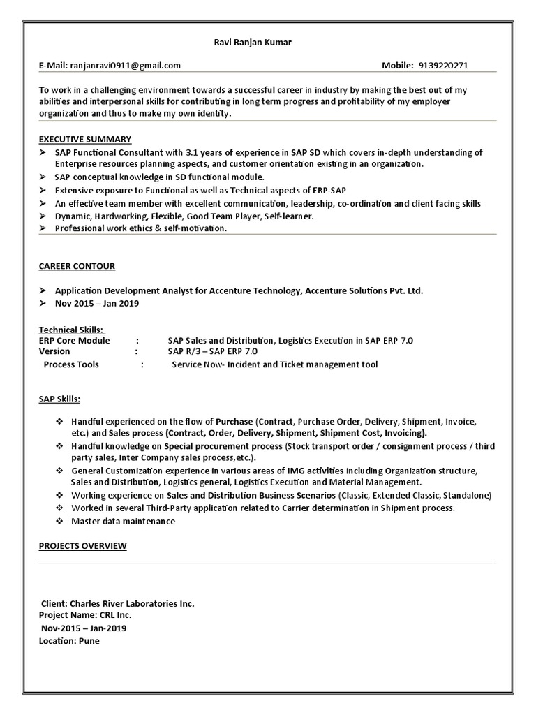 Ravi Ranjan Resume SAP SD | PDF | Logistics | Enterprise Resource Planning