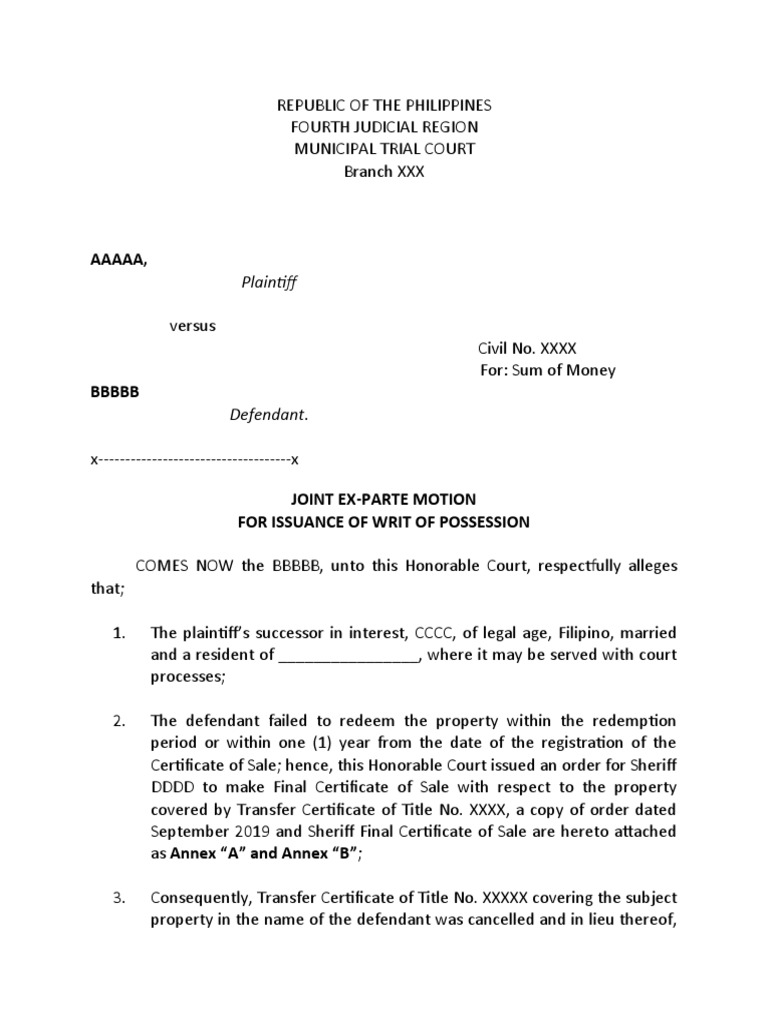 Motion Writ of Possession  PDF  Common Law  Legal Concepts