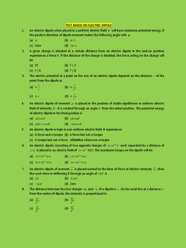 Test Based On Electric Dipole | PDF | Dipole | Electric Field