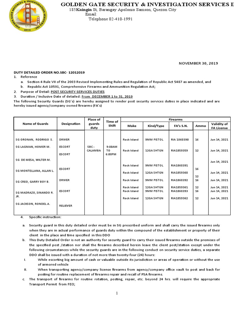 Ddo - SBC Calamba 12.01.19 | PDF | Security Guard | Common Law