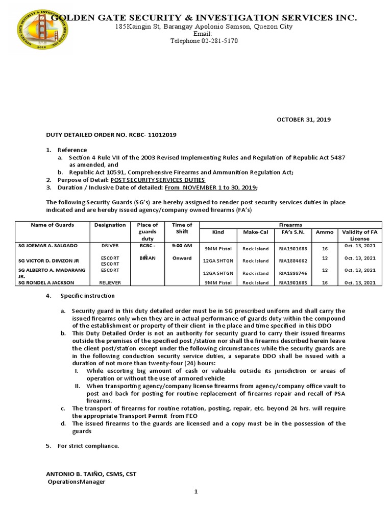 RCBC Biñan Security Duty Order | PDF | Security Guard | Common Law