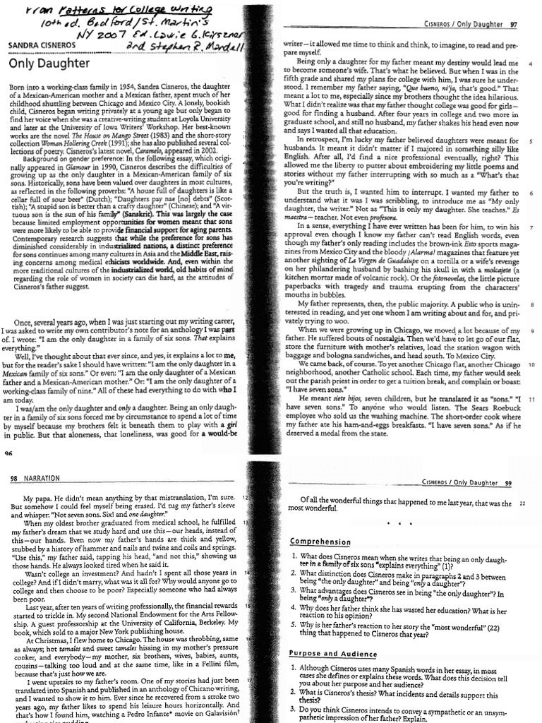 Only Daughter Sandra Cisneros | PDF