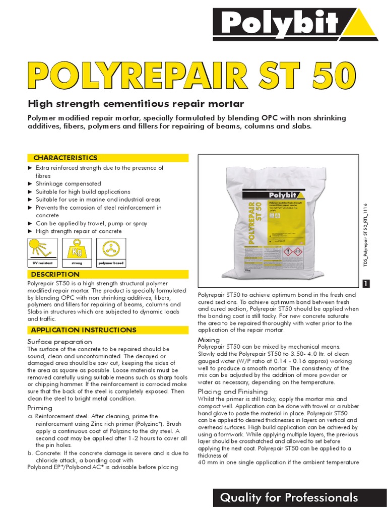 High Strength Polymer Repair Mortar ST50 | PDF | Concrete | Corrosion