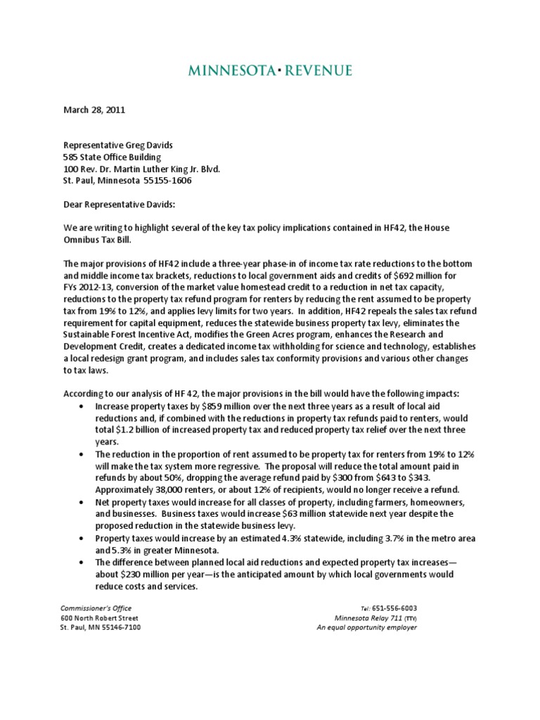 MnDOR Letter Property Tax Taxes