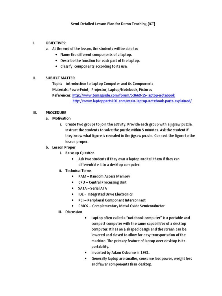 Semi Detailed Lesson Plan in Computer | PDF | Laptop | Computer Data ...