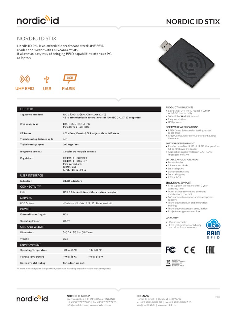 Nordic ID Stix Datasheet v12 | PDF | Radio Frequency Identification | Usb