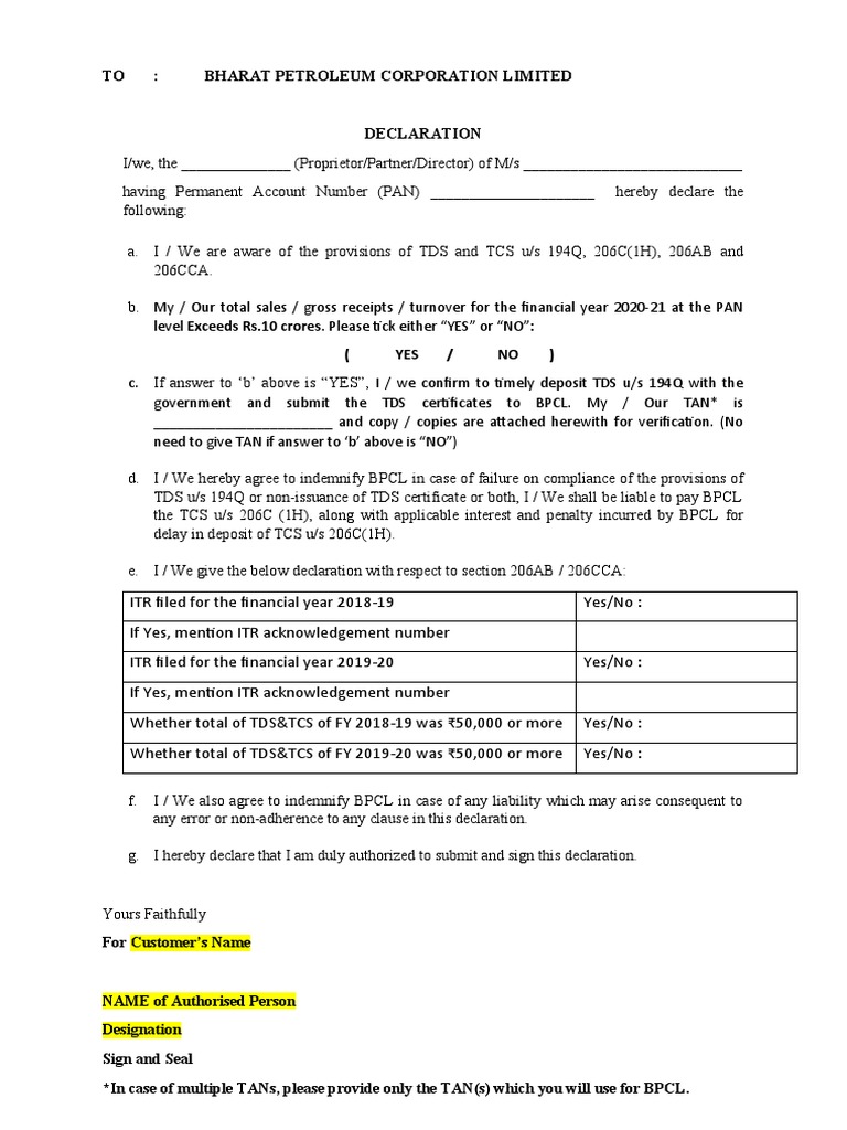 Declaration Regarding Tax Deduction at Source and Tax Collection at