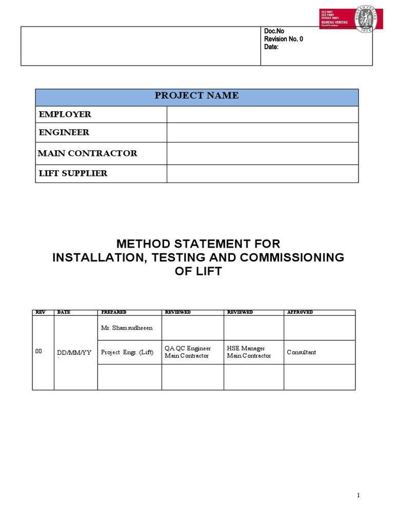 Lift Installation Method Statement | PDF | Quality Assurance | Elevator