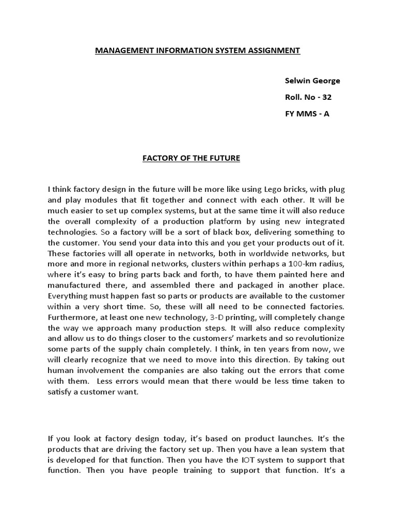 MIS Assignment Factory of The Future | PDF | Automation | Robot