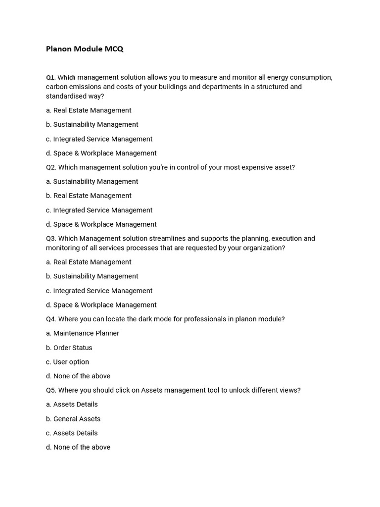 Planon Module MCQ Quiz Guide | PDF | Property Management | Sustainability
