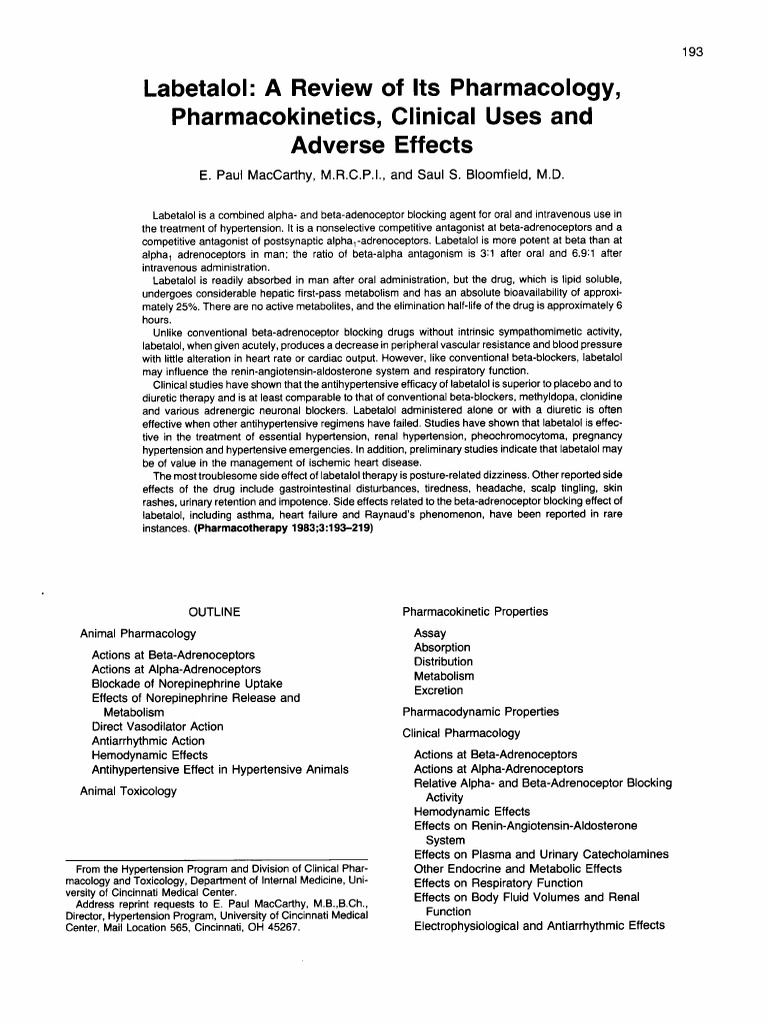 Labetalol Review of Pharmacology, Clinical Uses and