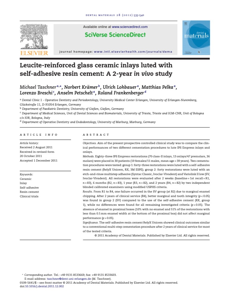 2012 LeuciteReinforced Glass Ceramic Inlays Luted With SelfAdhesive