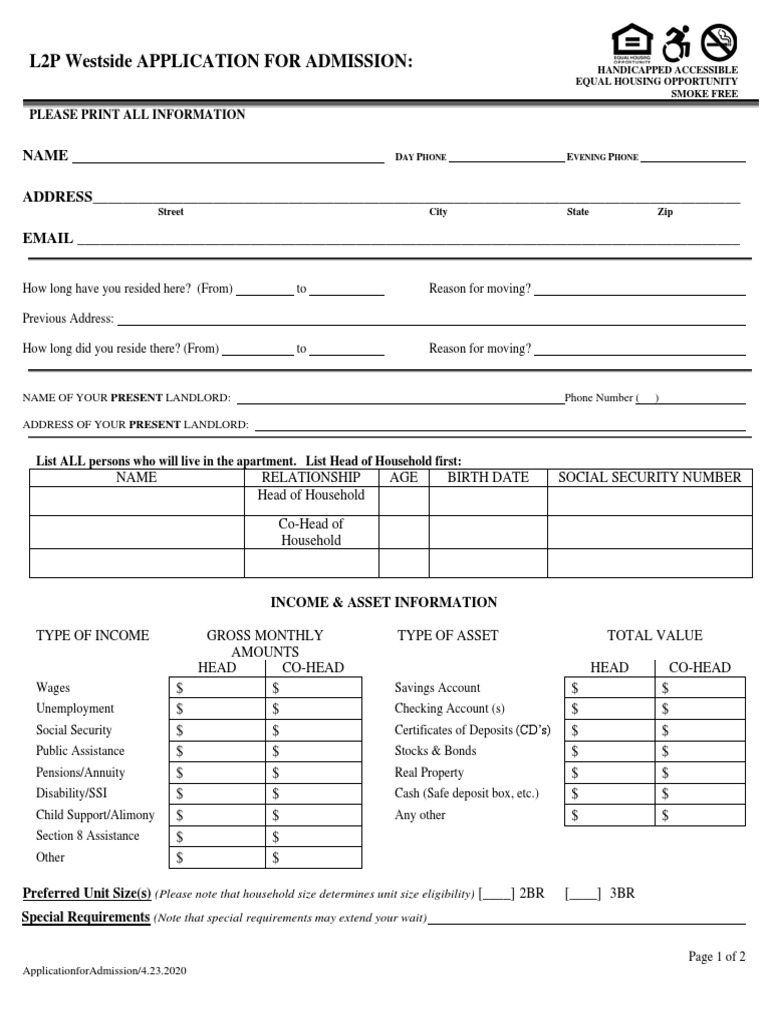 L2P Westside Admission Application Form | PDF | Supplemental Security ...
