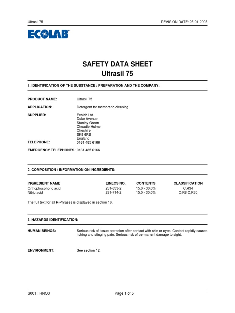 Safety Data Sheet Ultrasil 75 Page 1 of 5 S001 HNO3 Download Free