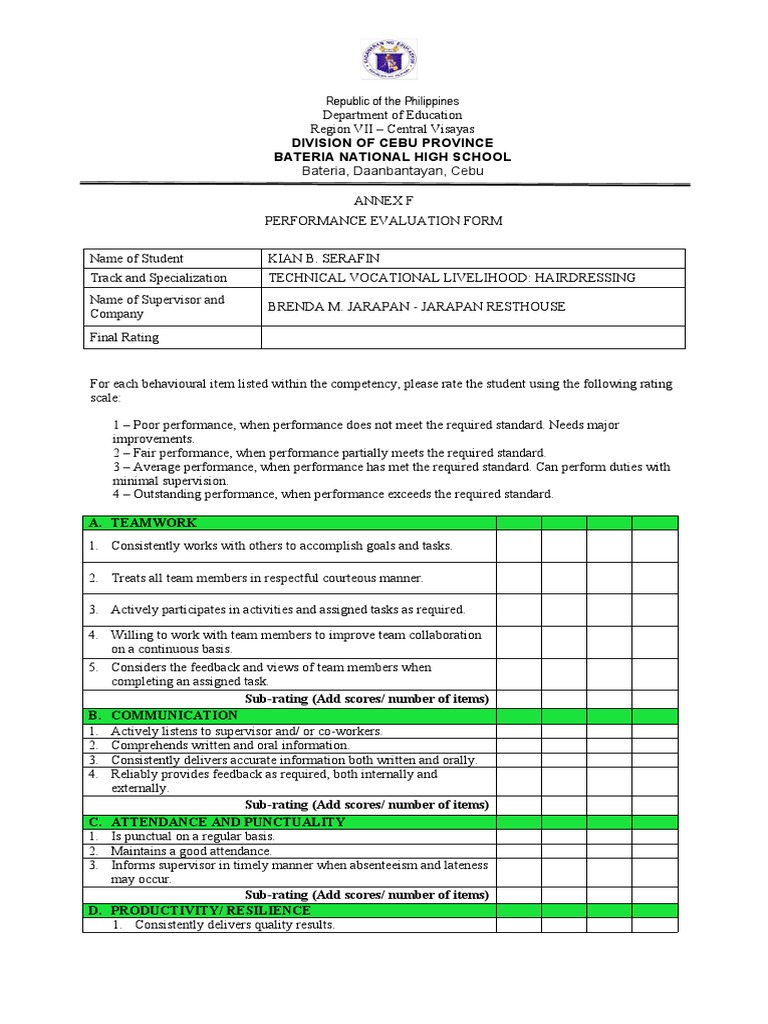 SHS - Annex F - Performance Evaluation Form - Jarapan Resthouse | PDF ...