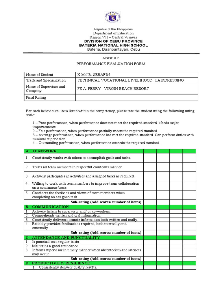 SHS - Annex F - Performance Evaluation Form | PDF | Performance Appraisal |  Human Nature