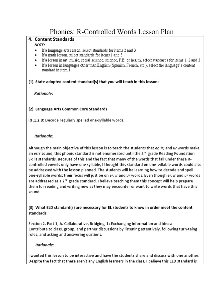 R-Controlled Vowels Lesson Plan | PDF | Phonics | Vocabulary