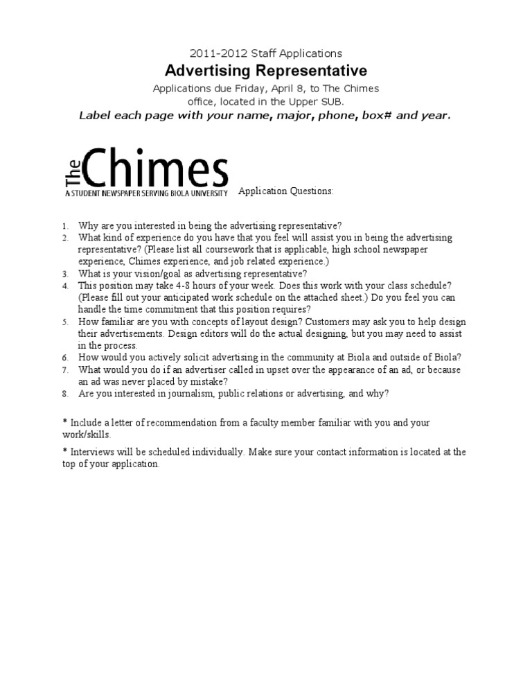 '11-'12 Advertising Representative Application | PDF