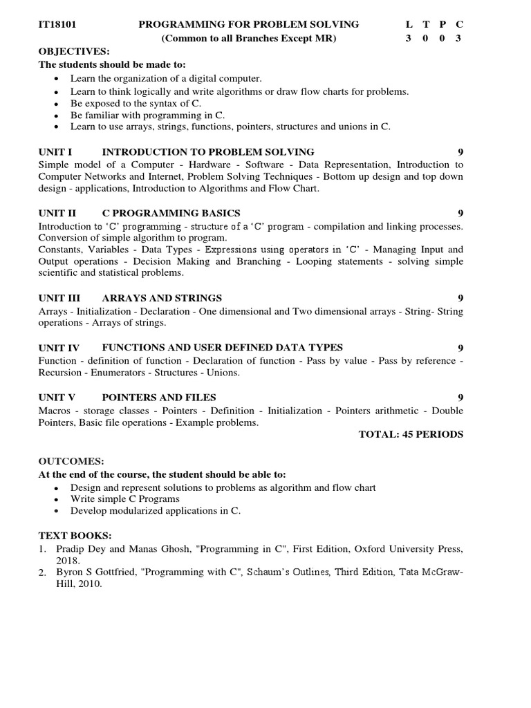 IT18101 - PPS Syllabus | PDF | C (Programming Language) | Pointer ...