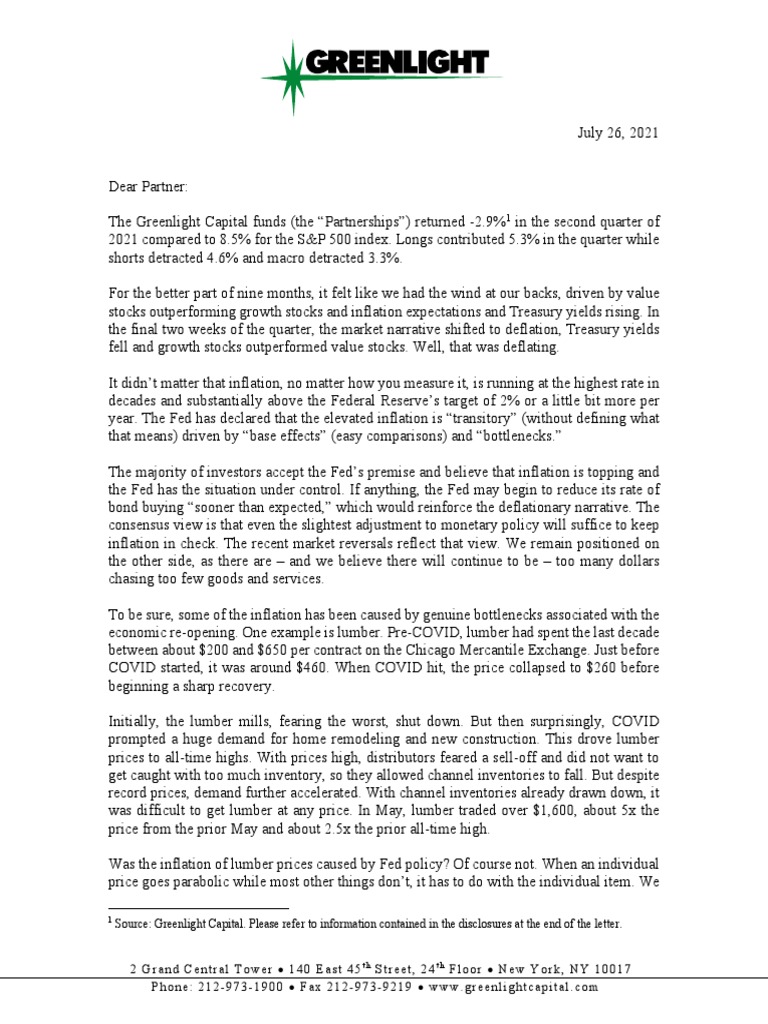 Greenlight Q2 Letter PDF Inflation Labour Economics