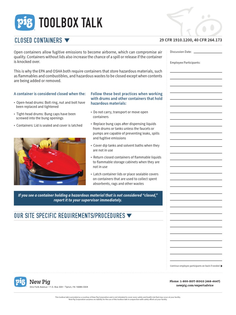 PL Toolboxtalk Closedcontainer | PDF | Hazardous Waste | Occupational ...