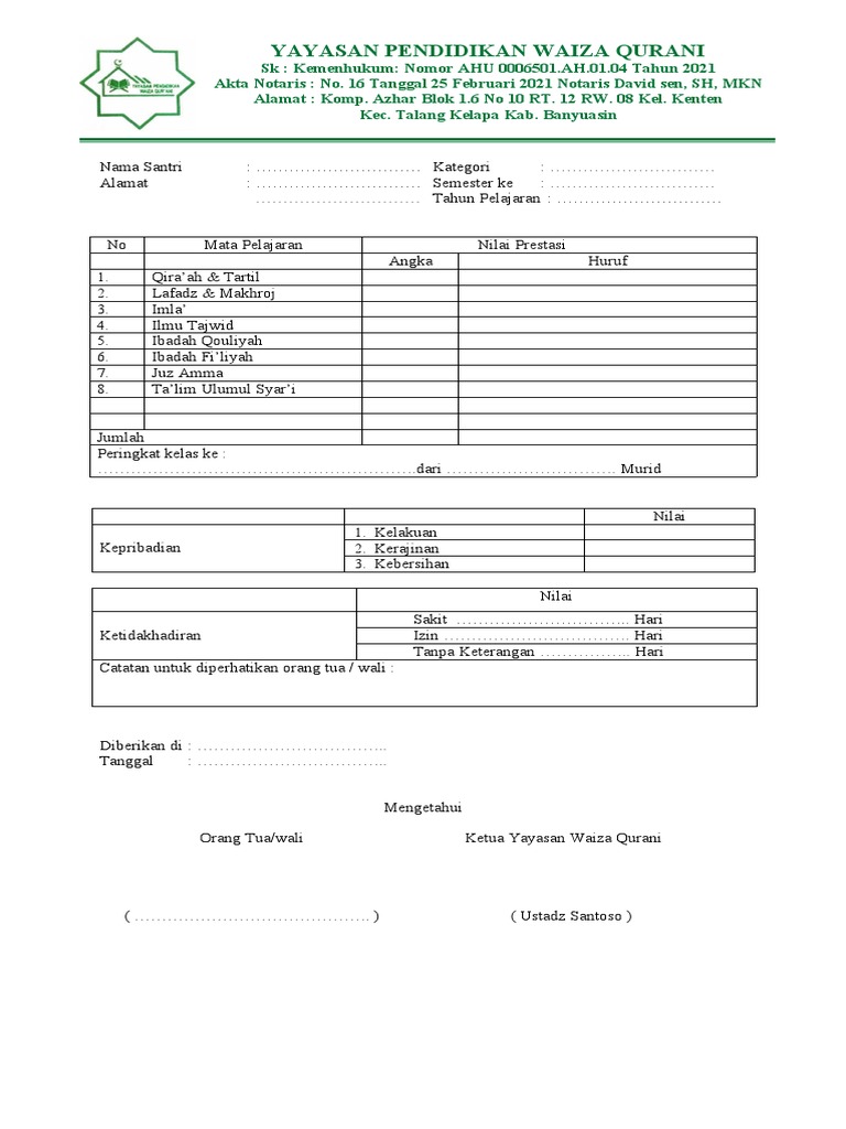 Contoh Raport TPQ Terbaru 2023 | PDF | Agama & Spiritualitas