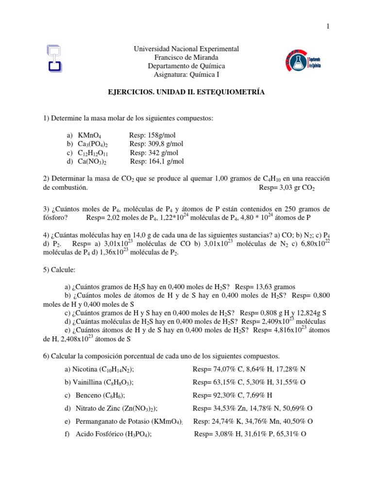 Ejercicios de Estequiometría en Química I | PDF | Oxígeno | Mole (Unidad)