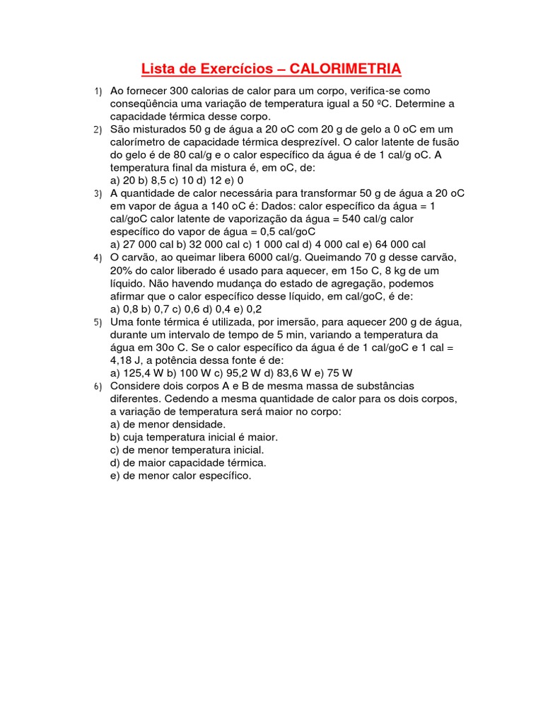Lista de Exercícios - CALORIMETRIA | PDF