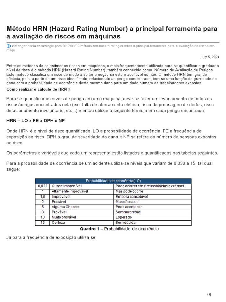 Método HRN para Avaliação de Riscos em Máquinas | PDF | Risco ...