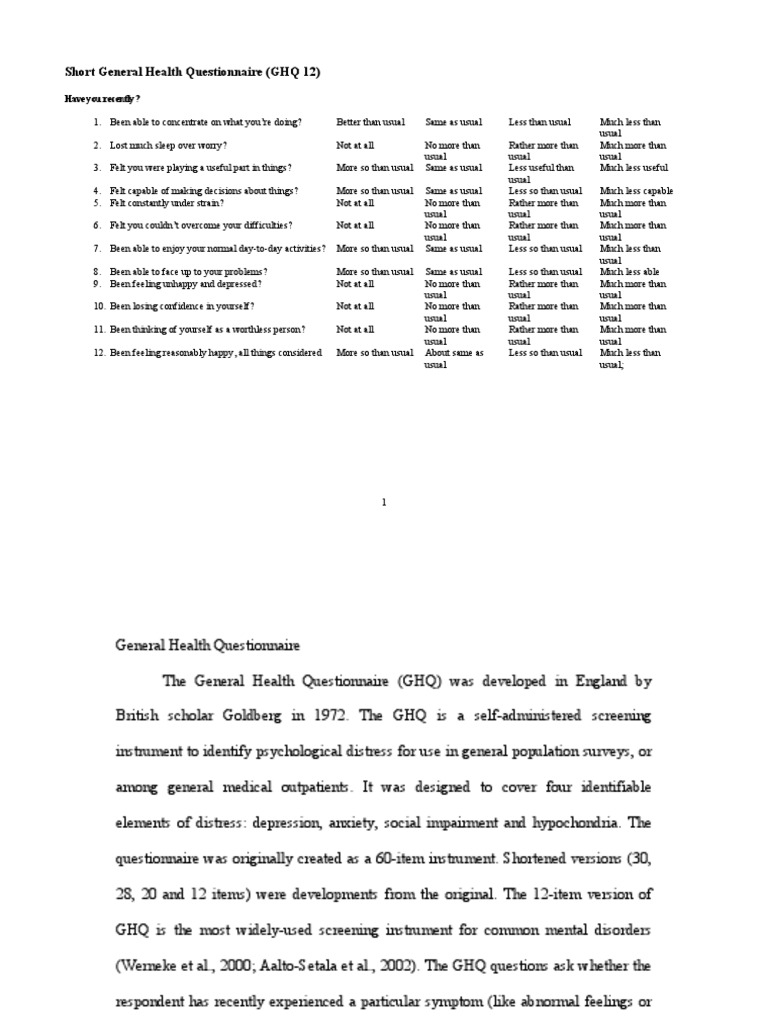 Short General Health Questionnaire (GHQ 12) : Have You Recently ...