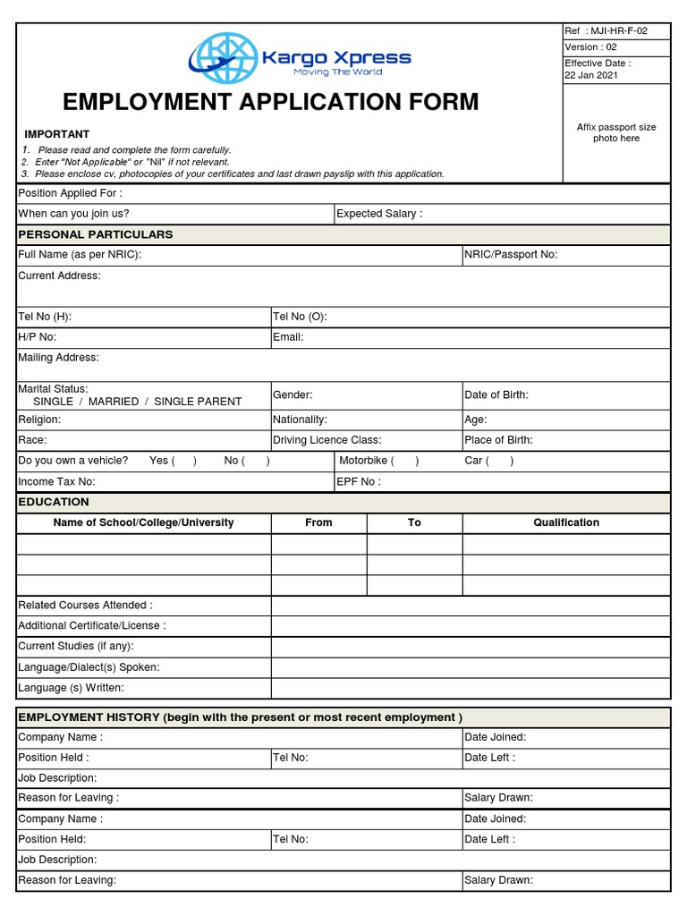 Employment Application Form Personal Particulars PDF Labour Employment