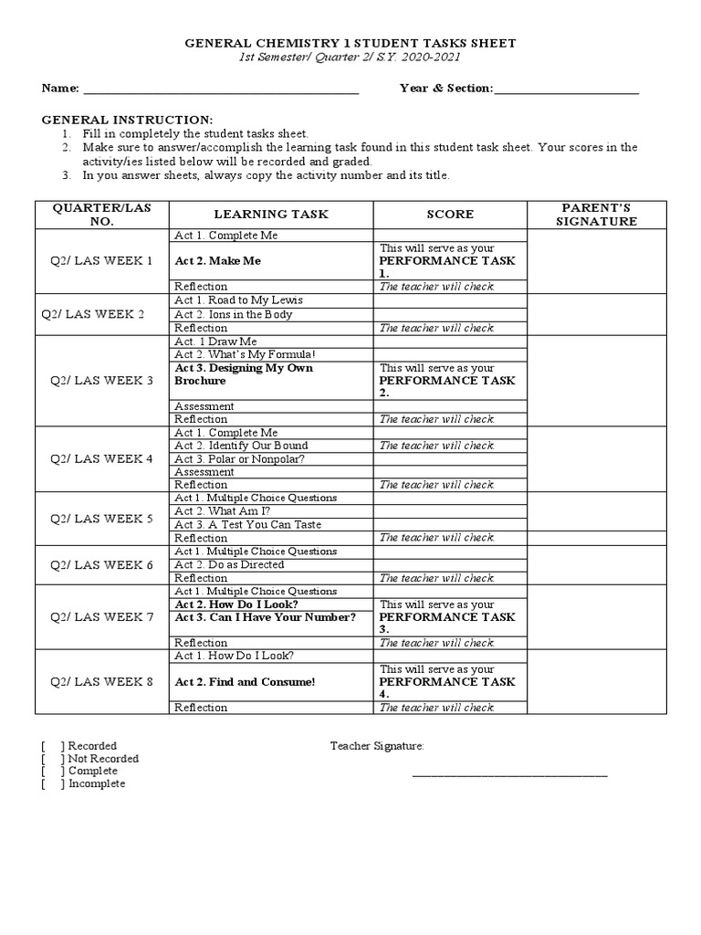 General Chemistry Student Task Sheet | PDF | Multiple Choice ...