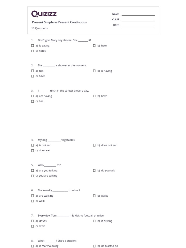 Present Simple Vs Present Continuous: 10 Questions | PDF