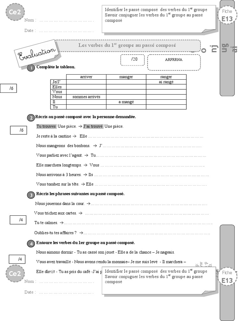 évaluation Sur Le Passé Composé Cm2 Ce2 Evaluation 1er Groupe Passe Compose | PDF