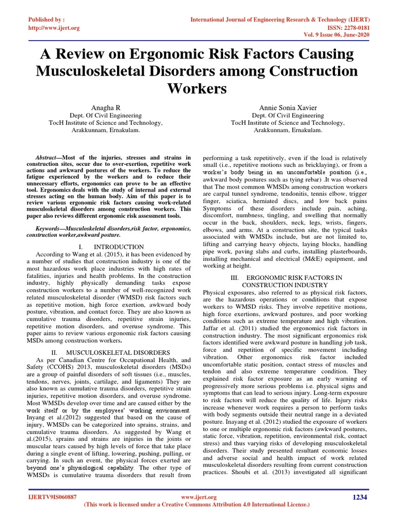 A Review On Ergonomic Risk Factors Causing Musculoskeletal Disorders