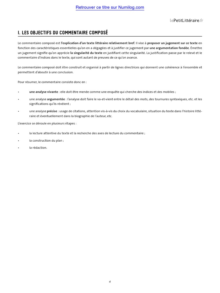 I. Les Objectifs Du Commentaire Composé | PDF | Phrase | Discours ...