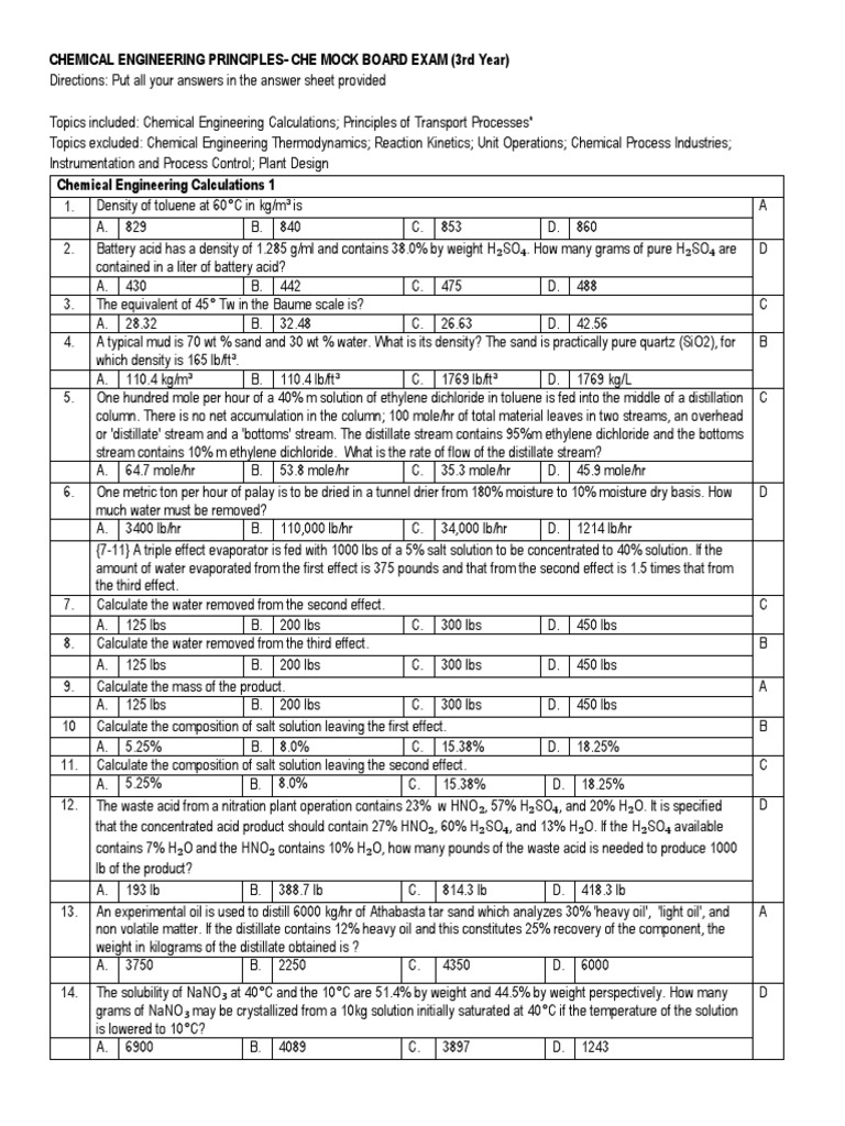 Chemical Engineering Mock Exam Review | PDF | Coal | Pound (Mass)