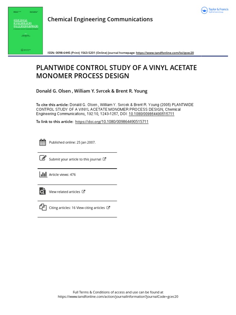 Plantwide Control Study of A Vinyl Acetate Monomer Process Design | PDF ...