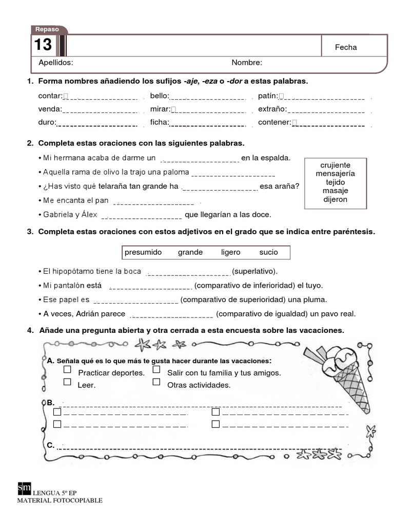 Ejercicios de Lengua para 5º EP | PDF