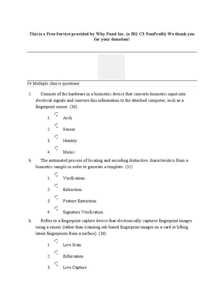 MCQ in BIometrics 1 PDF Biometrics Fingerprint
