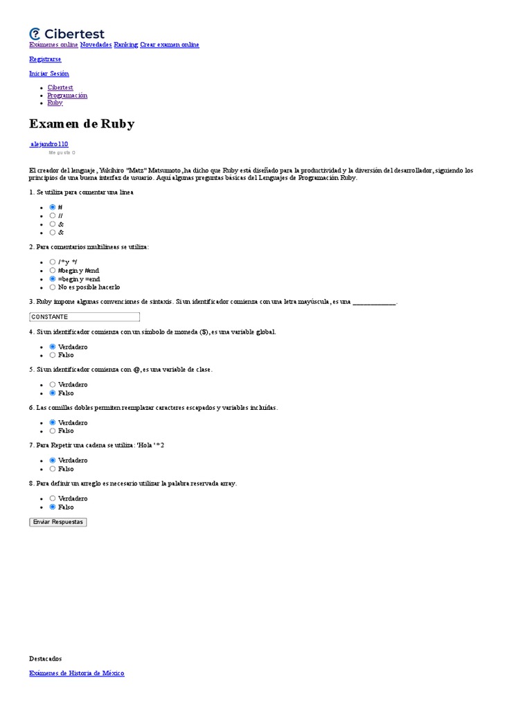 Examen de Ruby - Test Examen - Examen - Test OnLine - Cibertest | PDF