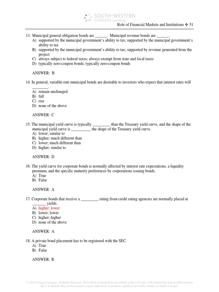 Financial Markets and Institutions Test Bank (051 060) PDF Yield Curve Bonds (Finance)