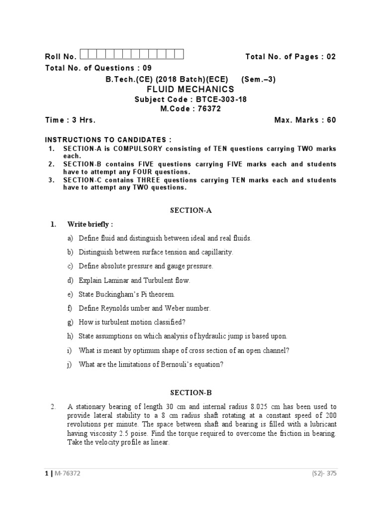 Fluid Mechanics Exam Sample Questions | PDF | Fluid Mechanics | Viscosity